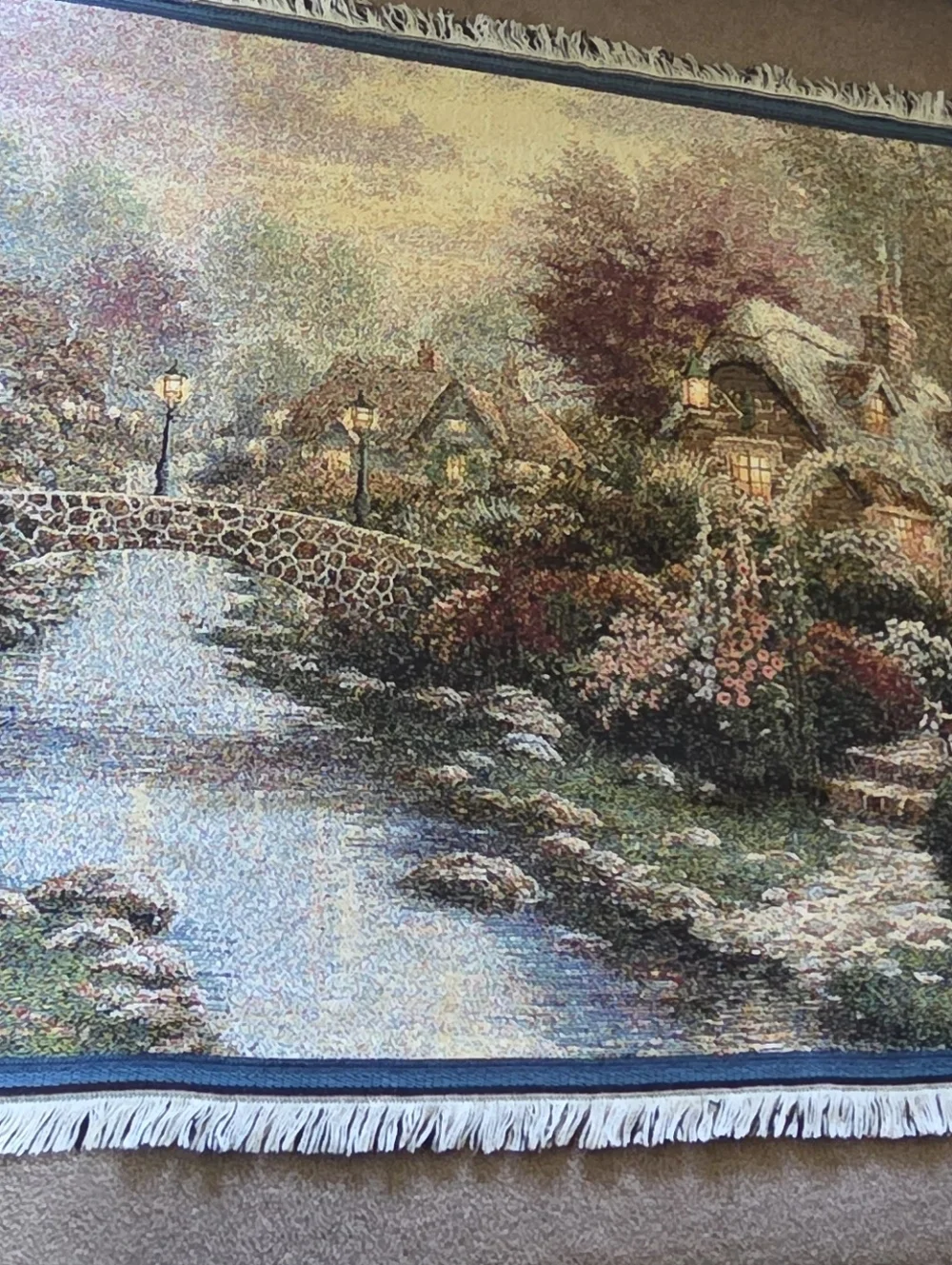 Thomas Kinkade Lamplight Bridge Tapestry Throw Blanket 42 x 62 USA Art Painting